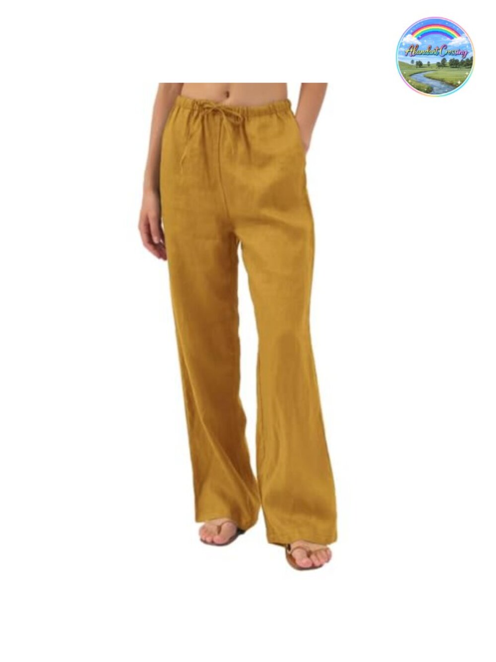 Pure Linen Drawstring Wide Leg Pants High Rise Slant Pockets